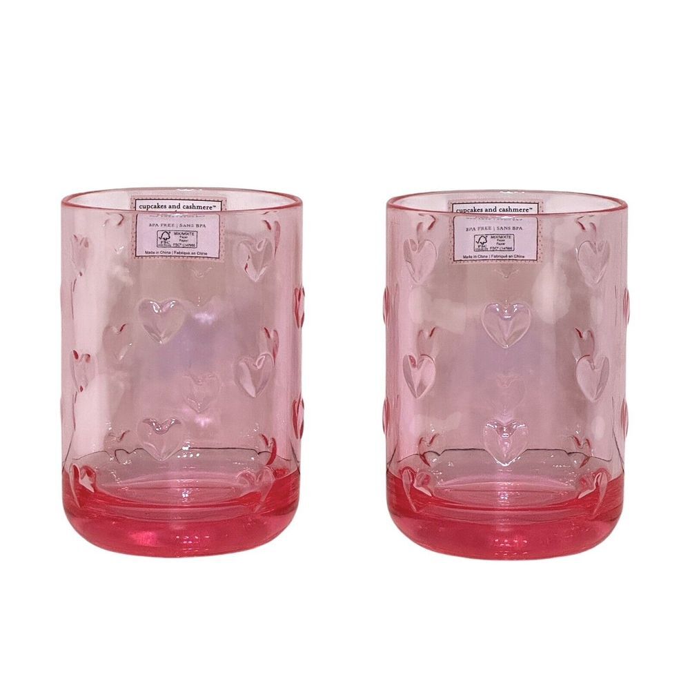 Cupcakes and Cashmere PINK Heart Acrylic Tumblers 4.5" Tall Cup Set Of 2 NEW